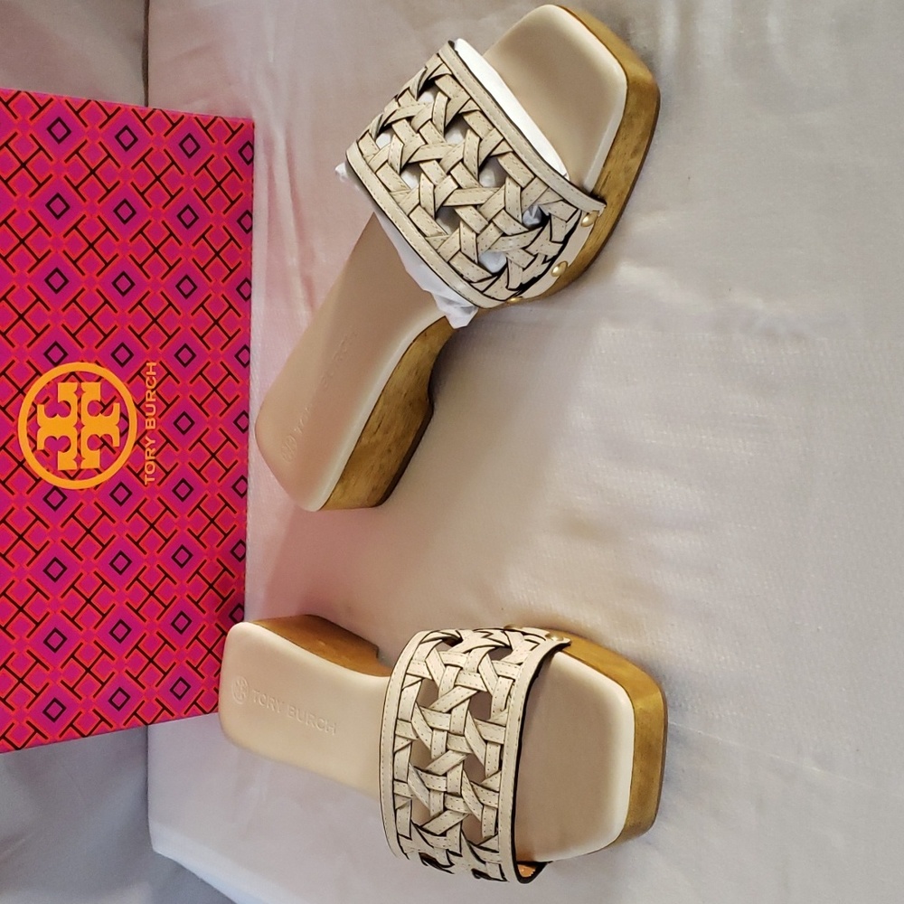 NEW Tory Burch Basketweave Leather Slip On Clogs